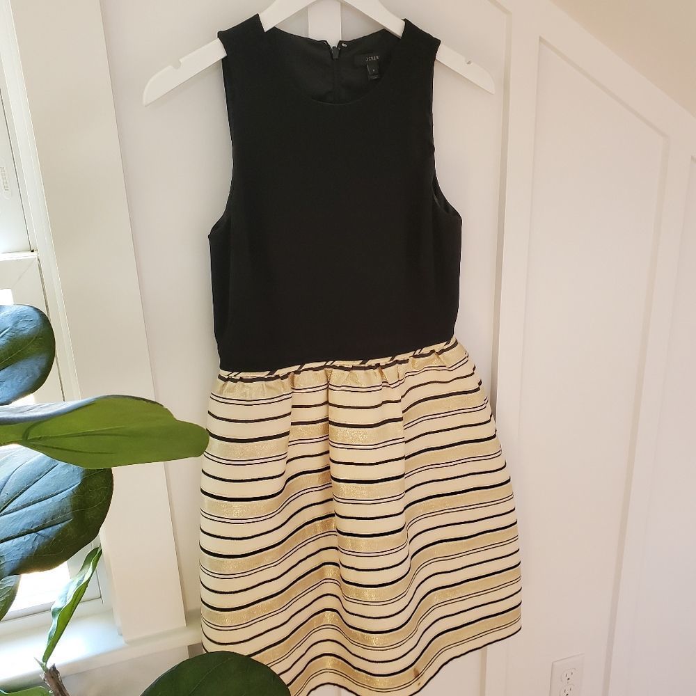 J. Crew Black and Cream Striped Fit-and-Flare Dress